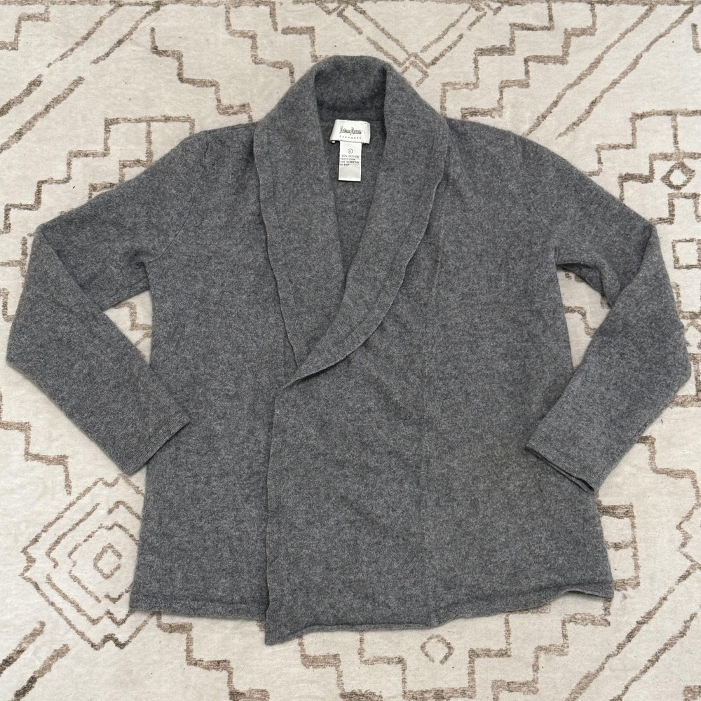 Neiman Marcus Sweater Womens Large Gray 100% Cashmere Open Front Cardigan